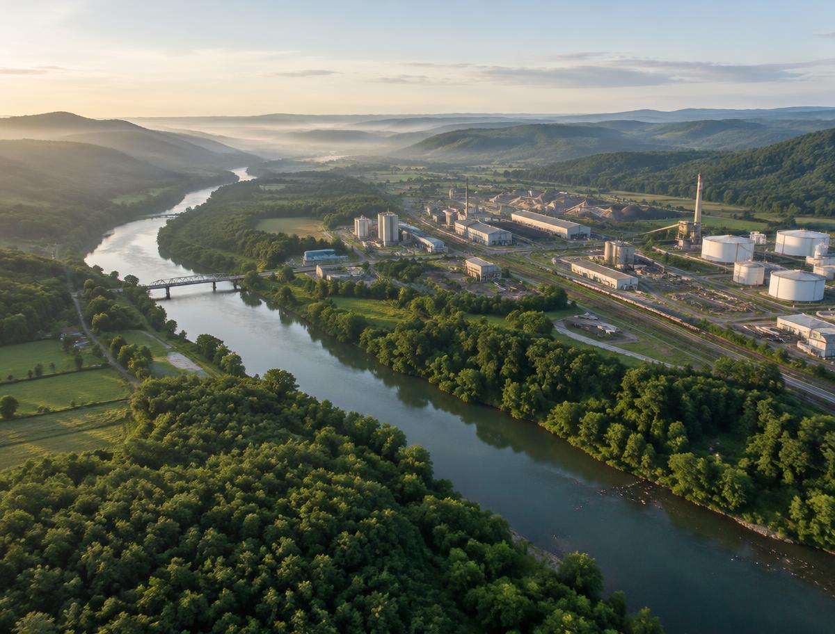 Vista aérea de vale com área industrial (imagem ilustrativa)